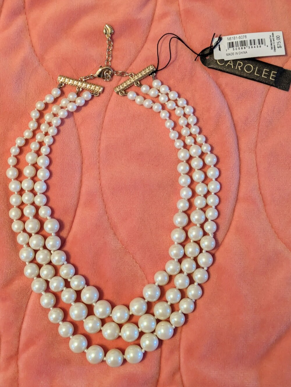 Vintage NWT Carolee Faux Pearl Triple Stand Necklace
